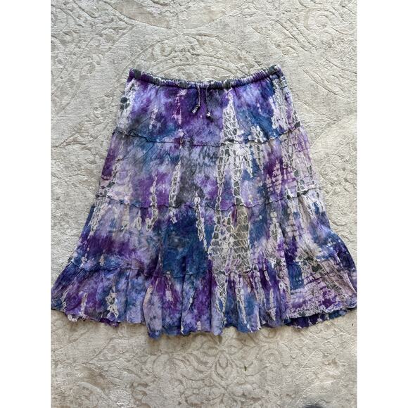 Boho Tie Dye Midi Skirt Purple Blue Ruffle Hem Lightweight Elastic Waist - Picture 4 of 6